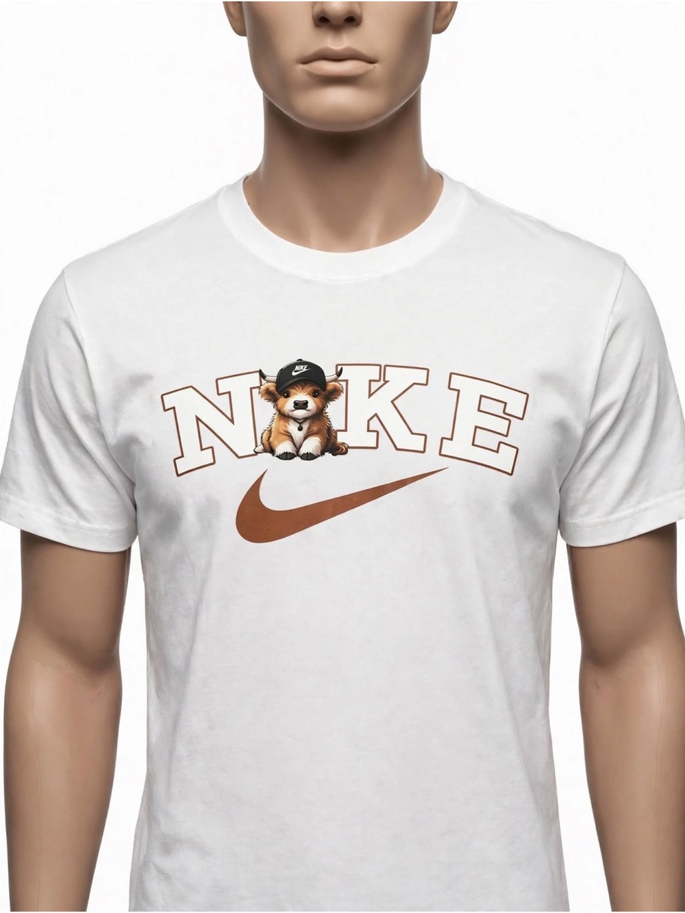 White T-Shirt with Brown Logo and Highland Cow Graphic-Unbranded